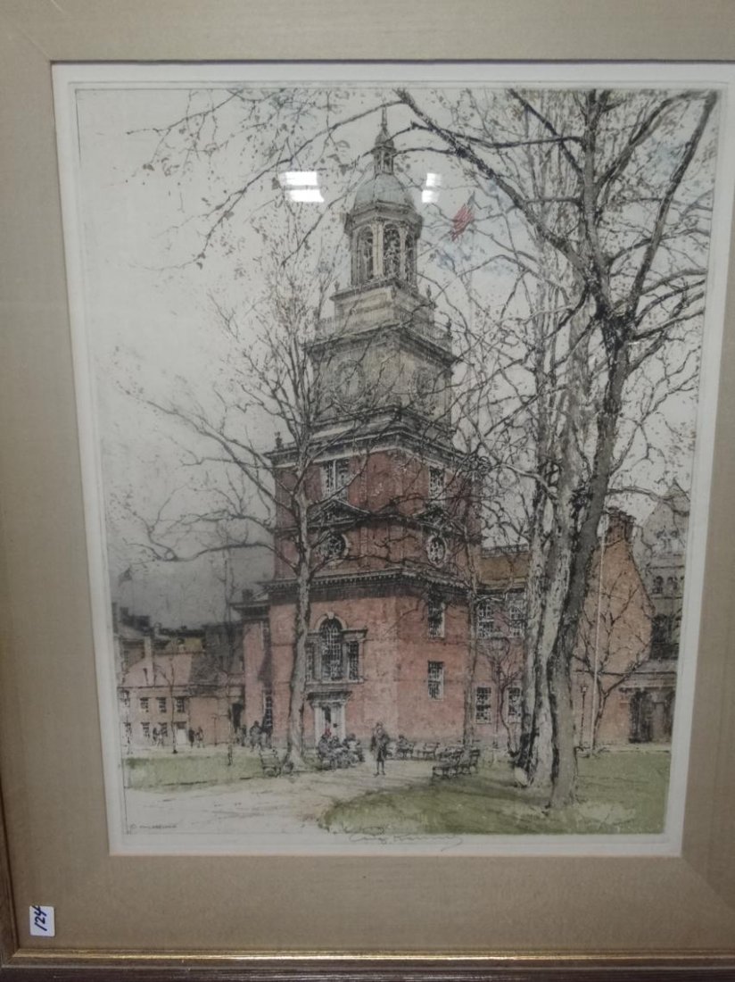 A hand colored etching of Independence Hall in: A hand colored etching of Independence Hall in Philadelphia by Luigi Kasimir, signed. Measures 21" across x 25" tall framed.