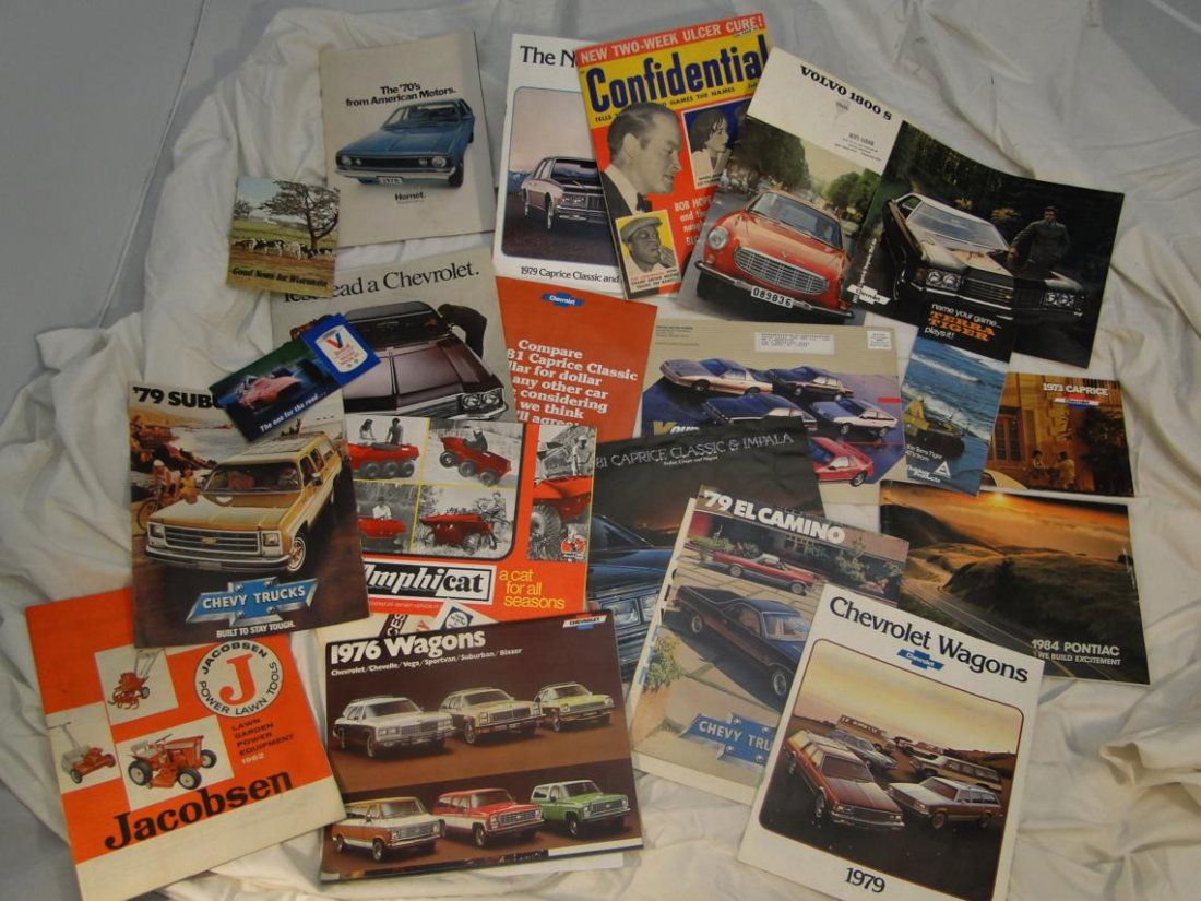 A lot of car brochures to include 1974 Chevy previews,: A lot of car brochures to include 1974 Chevy previews, Jacobsons tractors, Amphi Cat, 1976 Chevy wagons, Chevy 1979 wagon, El Camino 79, 71 Caprice, Volvo, 1970s Hornet, 1970s Impala, and more