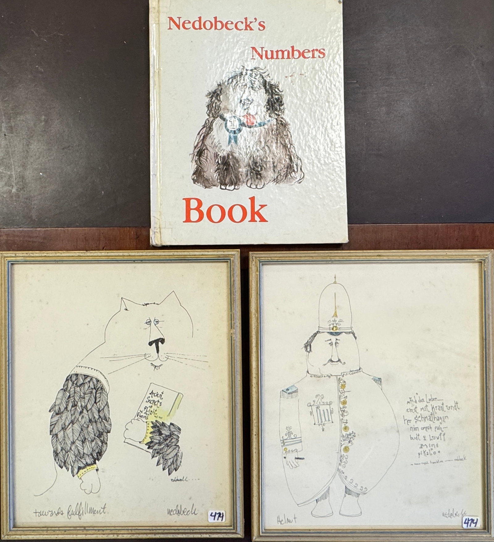 2 Don Nedobeck Signed Hand Colored Prints, Book!: Two quality framed hand colored , hand signed prints by liste4d Wisconsin Artist and illuastrator Don Nedobeck (1935-2002). The first is titled " Towards Fulfillment" and features a flying cat holding
