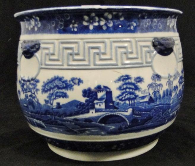 A rare Flow Blue Copeland Spode's Tower England large: A rare Flow Blue Copeland Spode's Tower England large planter with scenic decorations. Age crack noted.