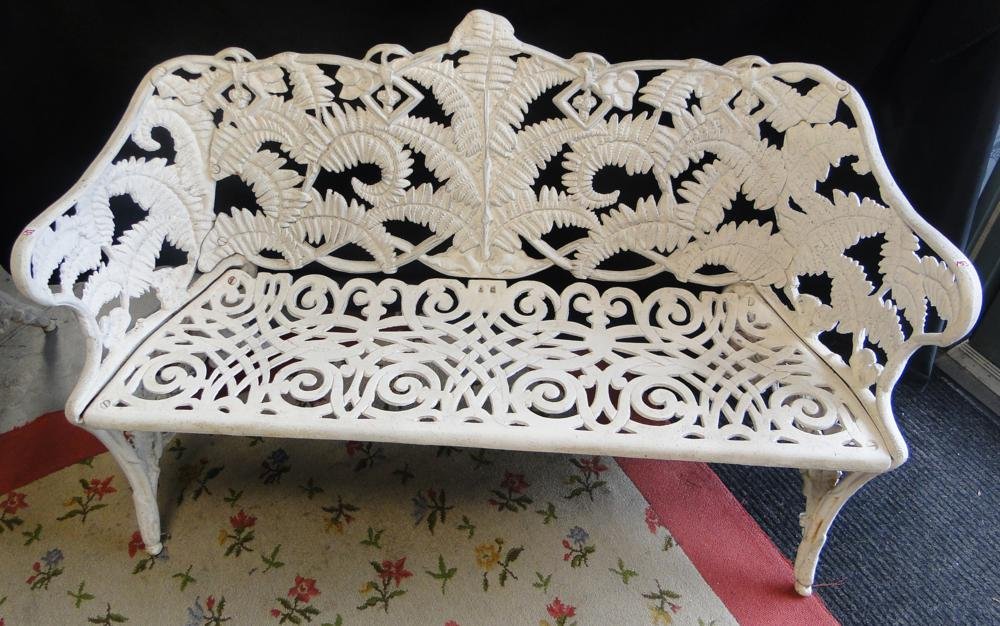 Extremely rare savannah plantation possibly pre civil: Extremely rare savannah plantation possibly pre civil war cast iron fern bench. It measures 33" tall, 54" across, and 16" deep. It is extremely rare to find a suite of the savannah plantation cast iro