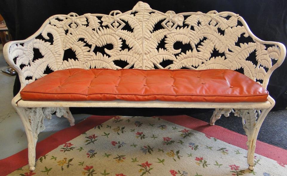 Extremely rare savannah plantation possibly pre civil: Extremely rare savannah plantation possibly pre civil war cast iron fern bench. It measures 33" tall, 54" across, and 16" deep.