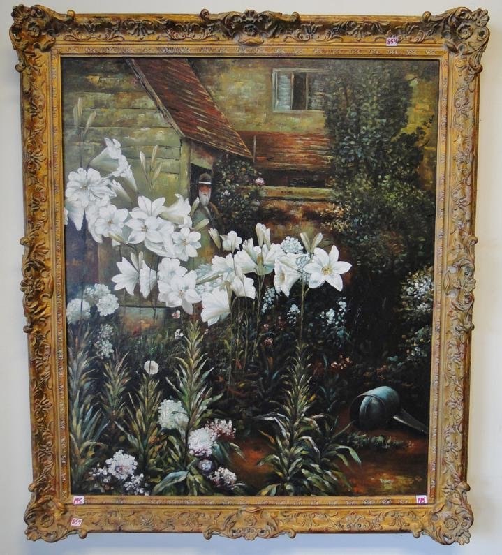 Quality oil on canvas depicting an old man with calla: Quality oil on canvas depicting an old man with calla lillies in an elaborate gold leaf frame