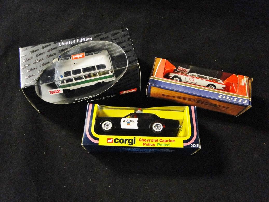 Three diecast cars to include a German Zil-117: Three diecast cars to include a German Zil-117 ambulance, a Corgi chevelle caprice police car, and a Schuco limited edition German police van, all in original packaging