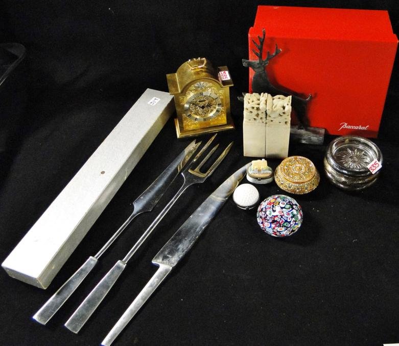 Large lot to include a miniature carriage clock, a: Large lot to include a miniature carriage clock, a 1960s cutlery set, a millefiori paperweight, a group of miniature porcelain boxes, two Chinese carved seals and Baccarat empty box