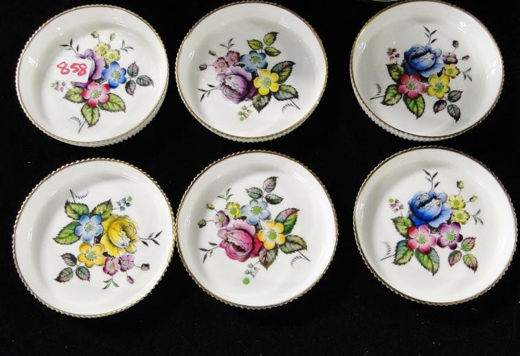 Sterling trimmed rosepoint crystal vase along with a: Sterling trimmed rosepoint crystal vase along with a cut crystal decanter with stopper and 6 pocelain Royal Worcester coasters