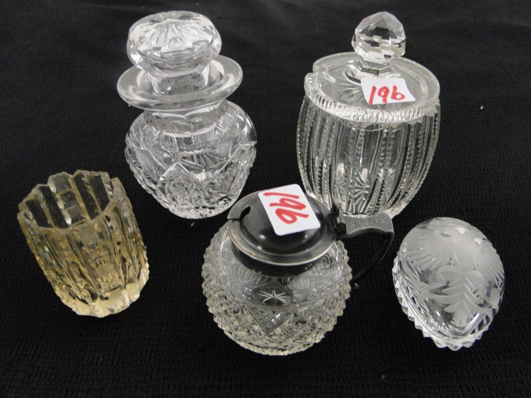 Group of cut crystal to include jam pot, toothpick: Group of cut crystal to include jam pot, toothpick holder, scent bottle, syrup jar, and more