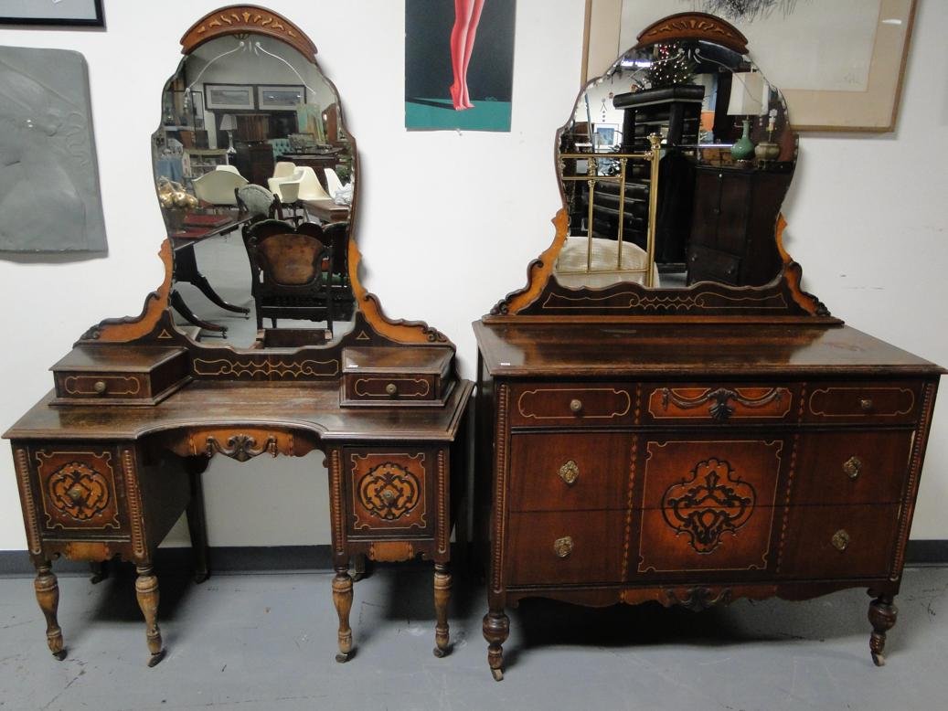A two piece mahogany 1920s vainity with mirror and: A two piece mahogany 1920s vainity with mirror and matching dresser