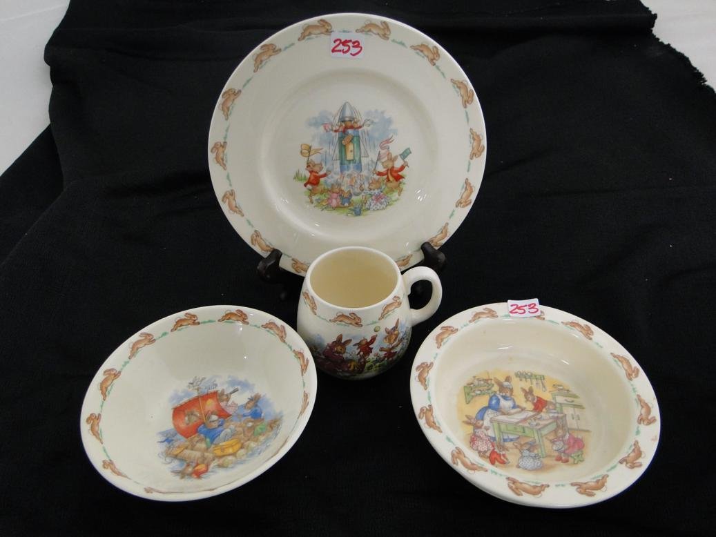 Royal Dalton Bunnykins china to include two cereal: Royal Dalton Bunnykins china to include two cereal bowls, a cup, and a plate.