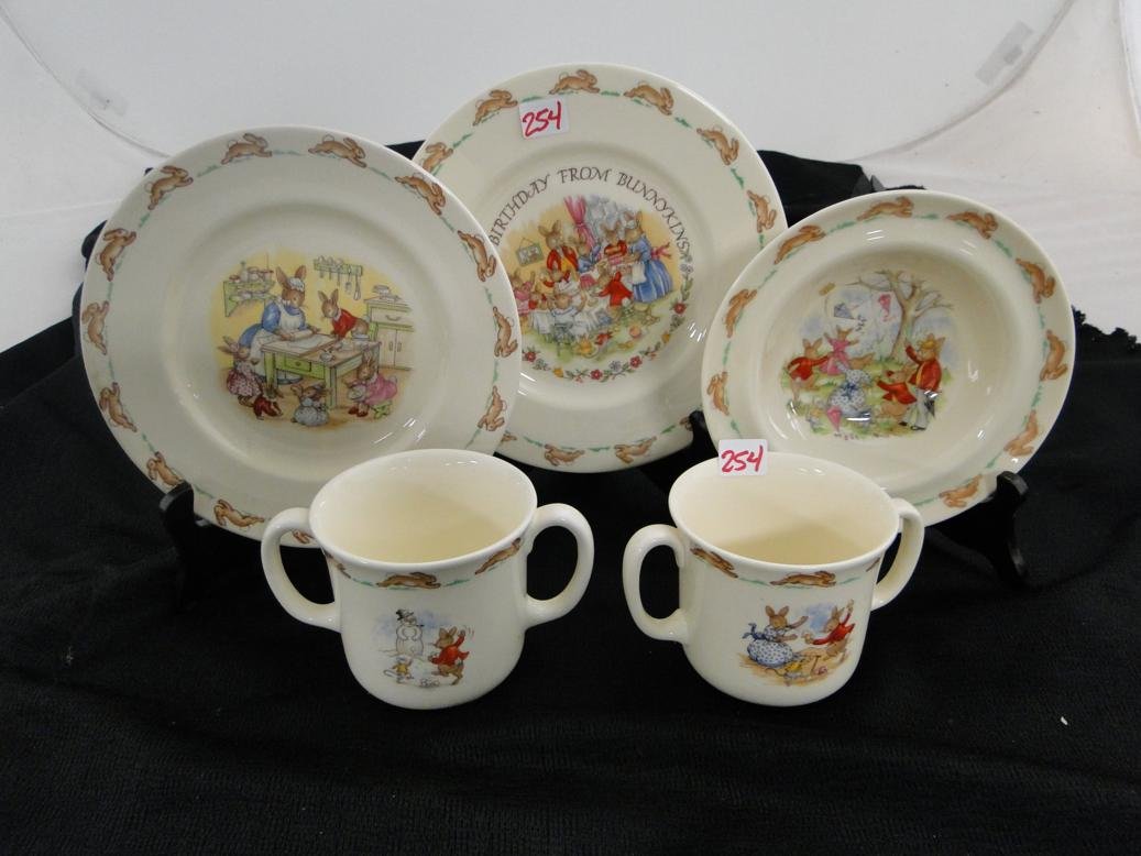 Royal Dalton Bunnykins china to include two double: Royal Dalton Bunnykins china to include two double handled cups, a bowl, and two plates