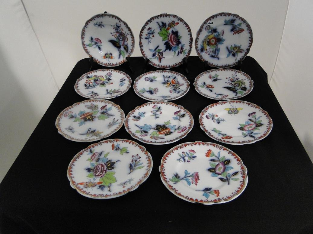 Eleven (11) Ironstone Copeland and Garrett Alba gaudy: Eleven (11) Ironstone Copeland and Garrett Alba gaudy Welsh style luncheon plates with flowers and butterflies. They measure 9.25" in diameter