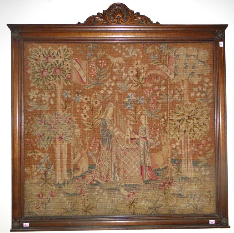 Early 1880's framed needlepoint depicting a gothic: Early 1880's framed needlepoint depicting a gothic maiden and her daughter playing a harp, along with lions, bunnies, birds, a unicorn and more. This is truly a work of art