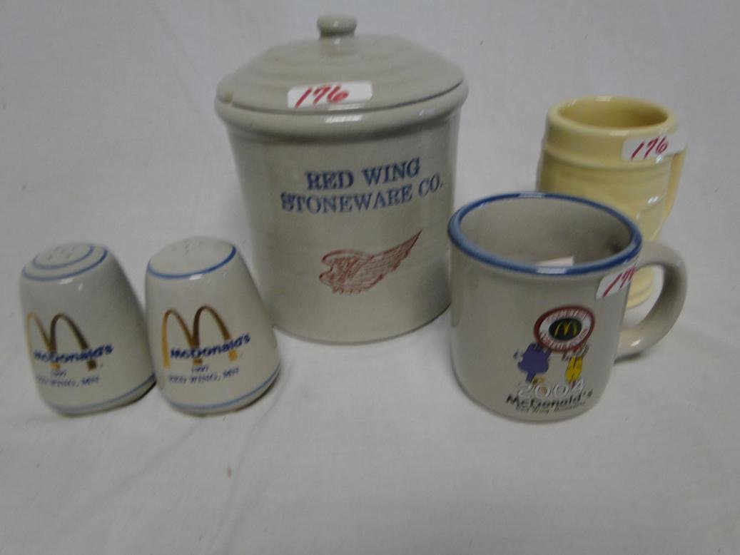 Commemorative Red Wing pieces to include a Red Wing: Commemorative Red Wing pieces to include a Red Wing covered storage jar, Red Wing 2008 mug, McDonalds mug, and a pair of McDonalds salt and pepper shakers.
