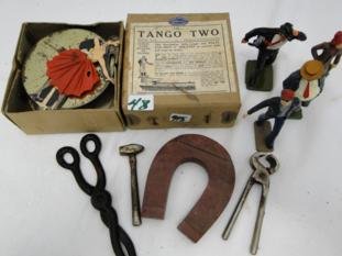 A Tango Two toy in original box by Reid & Co. along: A Tango Two toy in original box by Reid & Co. along with 4 iron figures and miniature tools. Also included is a set of 35 miniature Presidents of the USA.
