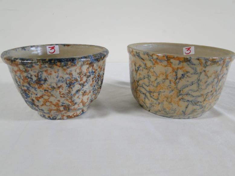 Two Red Wing spongeware paneled bowls; one is 4" tall,: Two Red Wing spongeware paneled bowls; one is 4" tall, 6-1/4" across; the other is 4" tall, 7" across.