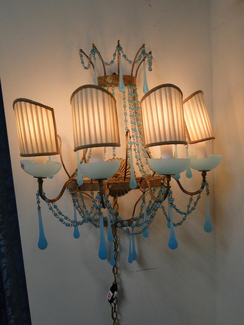 Hollywood Regency wall sconce with blue opaline glass: Hollywood Regency wall sconce with blue opaline glass in working condition, 20" tall x 11" deep