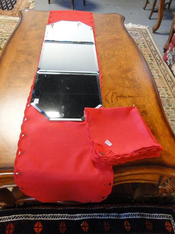 A long Christmas runner with 12 matching napkins, and a: A long Christmas runner with 12 matching napkins, and a 3 part beveled mirror table piece