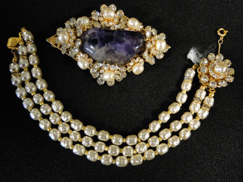 Miriam Haskell rhinestone and simulated pearl brooch: Miriam Haskell rhinestone and simulated pearl brooch with real amethyst stone, along with a Miriam Haskell simulated pearl and rhinestone bracelet