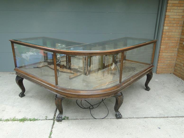 Elaborate tiger oak claw foot curved display case out (1 of 7)