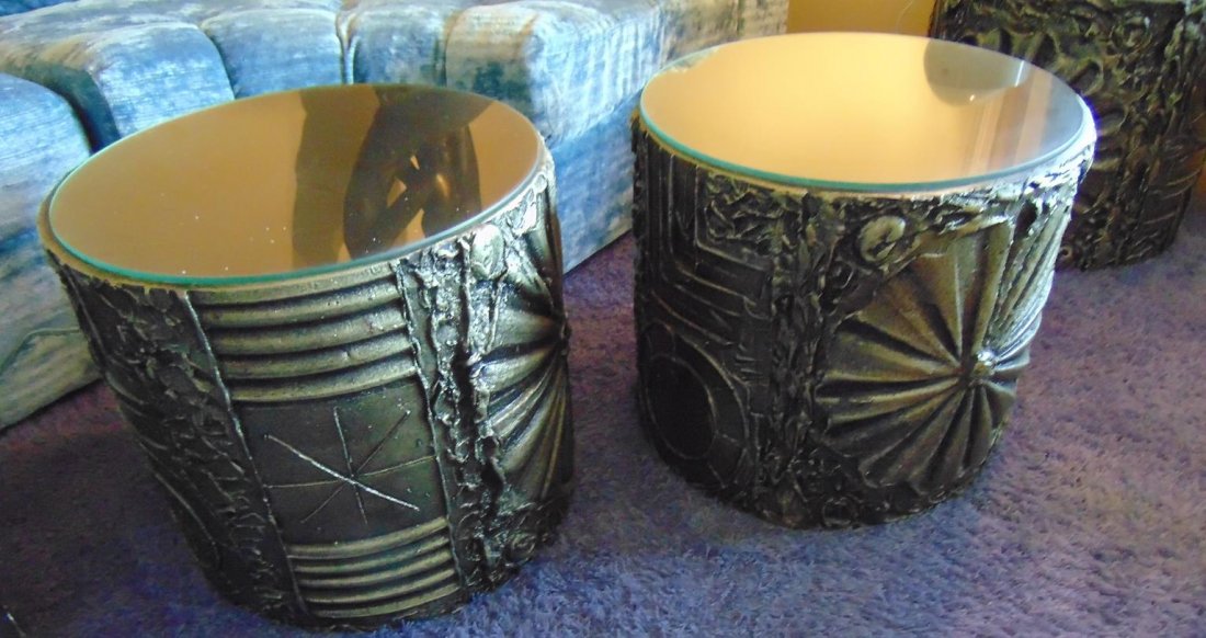 Group of five plaster decorated glass top Brutalist end: Group of five plaster decorated glass top Brutalist end tables.