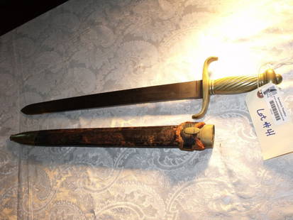 Sword, German: Model 1852 German Short (Foot) Artillery Sword, Maker is Luneschloss of Solingen, Initial RM on Brass Hand Grip, Blade in Excellent Condition, GZ Under Crown Maker Mark on Blade, Leather Scabbard Pres