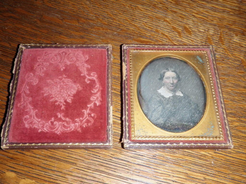 Daguerreotype: Older Woman with white collar, image has tarnish, case is rough 3 1/4" x 3 3/4"