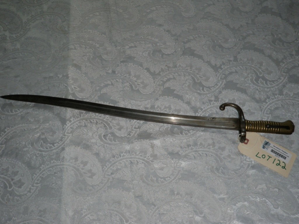 Bayonet, French: French Model 1866 Chassepot Bayonet, Unknown Maker, Serial #75055, Blade 22" Very good condition with light staining with no damage, No Scabbard
