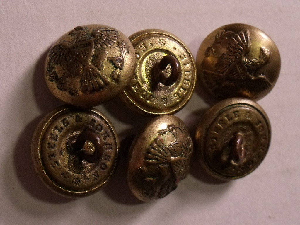 Six Antique Buttons: These are Federal General Service buttons showing an eagle with a shield. Marked on the back Steele & Johnson. These date between 1856-1875