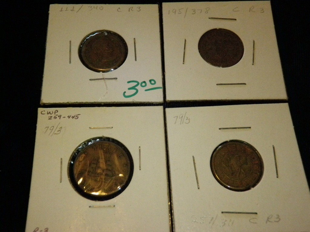Collection Civil War Tokens: Four tokens: (1) "Trade And Commerce" "Coppers Twenty Pr Ct Premium" CWP 259-445 79/37. (2) 1863 civil war token LL2/340 CR3 . (3) Army & Navy token 79/3 257/311 CR3. (4) 1863 United States Of America