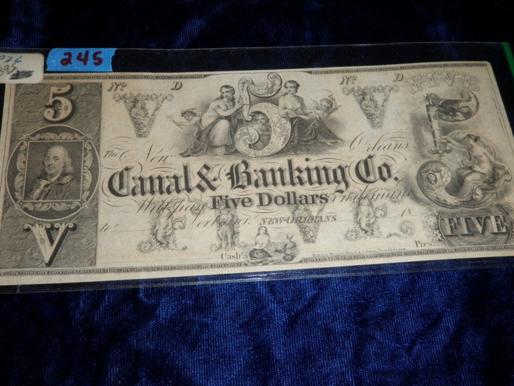 5 Dollar Canal & Banking: Beautiful art work on this 5 dollar note from the Canal and Banking Co. New Orleans.