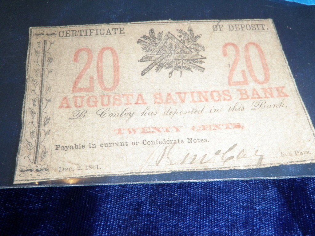 20 Dollars Certificate of Deposit: Certificate of deposit from Augusta Savings Bank "Payable in Current of Confederate Notes." Dec. 2, 1861.