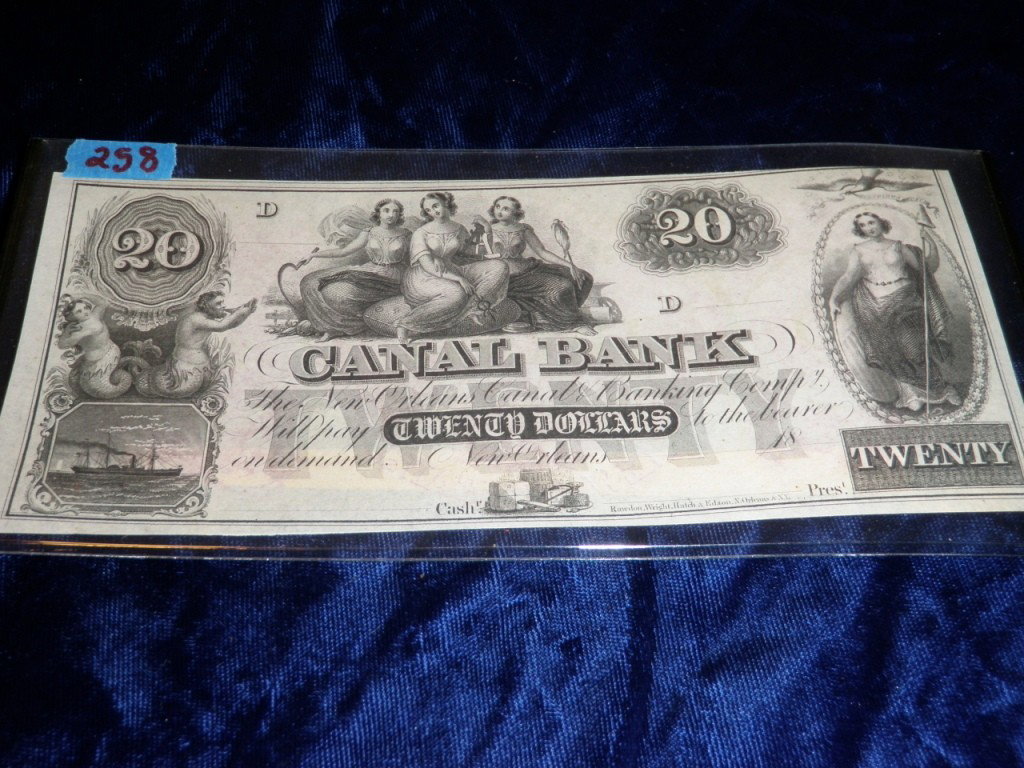 Canal Bank Note: Twenty dollar Canal Bank note, features beautiful artwork.