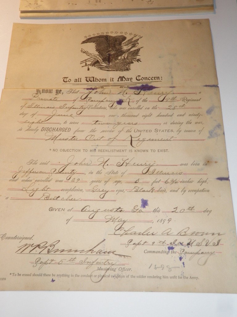 Discharge Papers 1899: Muster Out & discharge papers dated 1899. 9th Illinois Volunteer Infantry.