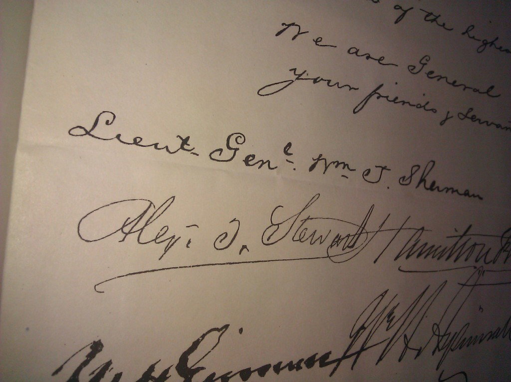 Letter from Lt. General Sherman to General Grant: Letter from Sherman to Grant regarding the presentation of the money from the Sherman Testimonial Fund ($65,000) that was given to Grant to purchase a home and furniture. The letter is contained in a 