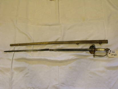 Sword, US: US Militia Staff Type Sword, 19th Century, Unknown Maker, Mother of Pearl Handgrip, Wire Present, Blade Broken in Half, Some Rust, Brass Scabbard Some Decorative Inscriptions