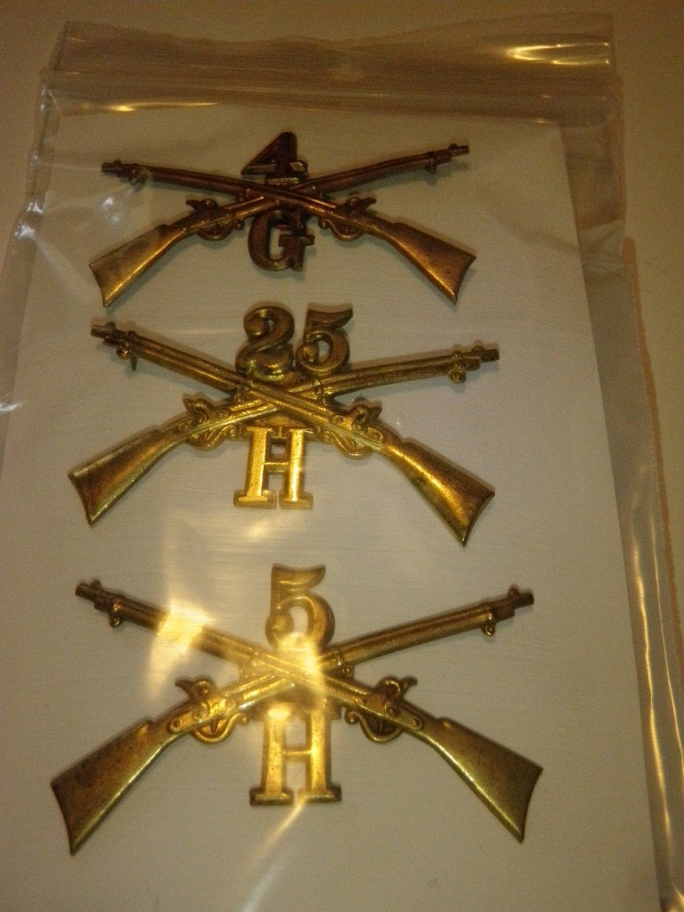 Collection of 3 Antique US Army Insignia Pins: Collection of 3 Antique US Army Insignia Pins. One marked "4 G", another marked "25 H" and the third "5 H".