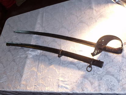 Sword, German: German Made Dated 1859 F. S. Jung Maker Sword, 36" Blade, Some blade pitting & staining, Metal Handguard in Very Good Condition, Wooden Handle missing leather covering & wire, Handle is loose, Metal s