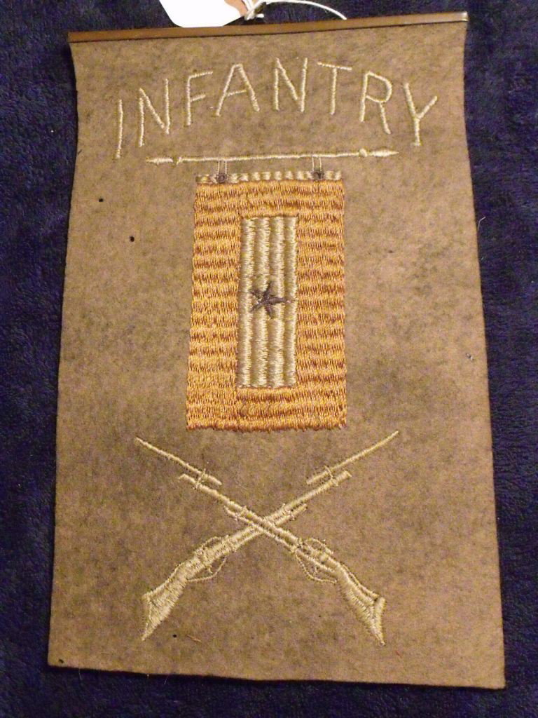 Infantry Service Flag: Antique infantry service flag has crossed rifles. This is handstitched on wool. Does have a few moth holes, otherwise good condition.
