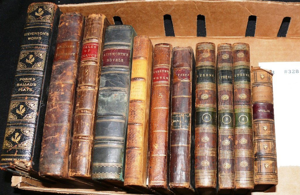 11 LEATHER BOUND BOOKS :  LONGFELLOW'S POEMS ,  STERNE (1 of 7)