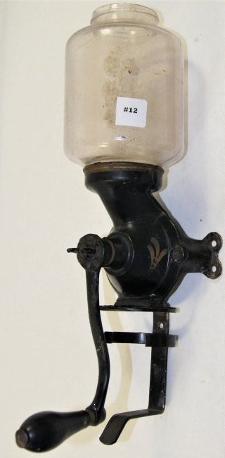 Cast iron Enterprise No. 100 hand crank coffee grinder,: Cast iron Enterprise No. 100 hand crank coffee grinder, orig. stencil painted decoration and black paint, opening of glass jar top is 3" and yes we couldn't find the lid..so its missing, 17" ht.