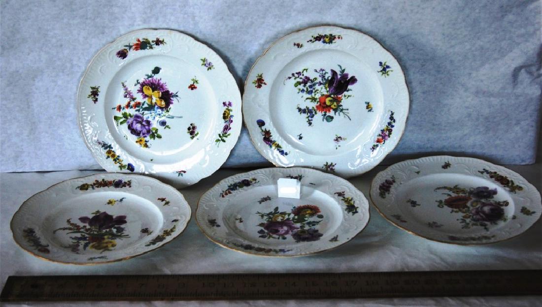 Set of 5 Crossed sword floral decorated plates with: Set of 5 Crossed sword floral decorated plates with wavy edge, Germany, ca 1880, 3 plates some minor under side base ring chips, ea. 9 1/2" diameter