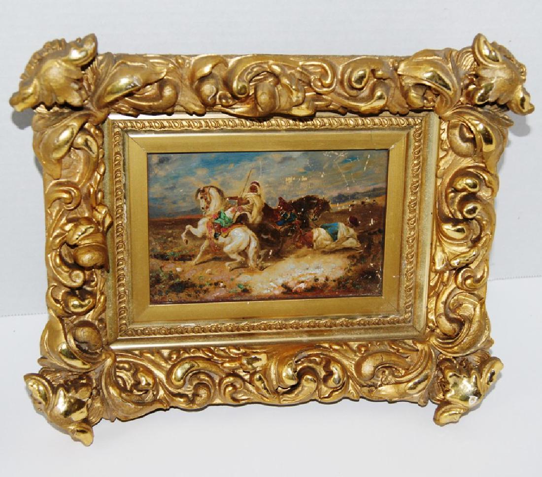 Painting on board, "Arab on horseback", great frame: Painting on board, "Arab on horseback attacking with a spear", unsigned, Could not find a signature, painting a bit crude but a really beautiful frame in shiny gold leaf, ptg size 3 3/4" x 5 1/2", fra