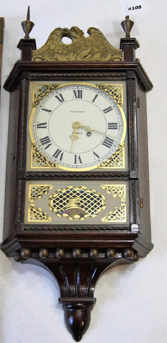 Foster Campos Reproduction of a Waltham miniature: Foster Campos Reproduction of a Waltham miniature hanging pillar and scroll banjo, reverse painted glassescross hatched gold mesh with cornucopia accent on bottom tablet, brass front rope trim, gilt e
