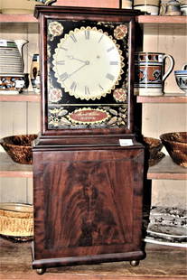 Aaron Willard Mass Shelf Clock. Highly figured mahogany: Aaron Willard Mass Shelf Clock. Highly figured mahogany case. Original painted dish dial and reverse painted glass with "Aaron Willard / Boston" in red oval. 8 day time only brass movement with lead w