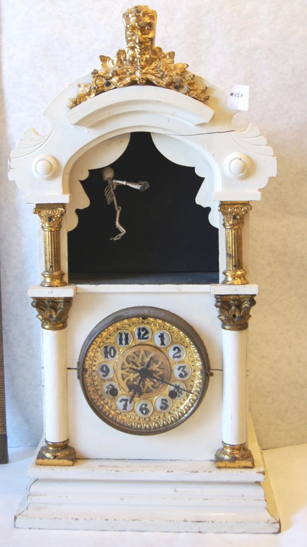 Rare New Haven "Skeleton" acrobat automated clock: Rare New Haven "Skeleton" acrobat automated shelf clock, very hard to find novelty clock and most unusual and fantastic item, there is an 8 day time & strike movement behind the dial and behind the sk