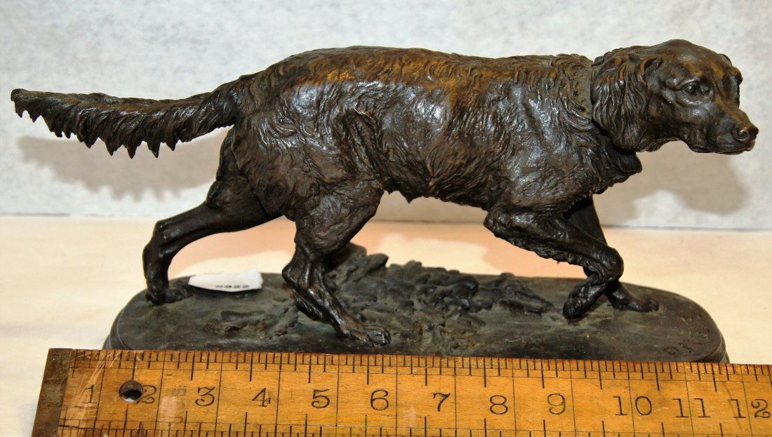 P J Mene Bronze Irish Setter Statue, 13" long: A French Bronze Animalier Figure, Pierre Jules Mene (1810-1879), depicting a standing Irish setter, brown patina inscribed PJ MENE, late 19th c., 6 1/2" ht, 13" long, 5" wd.