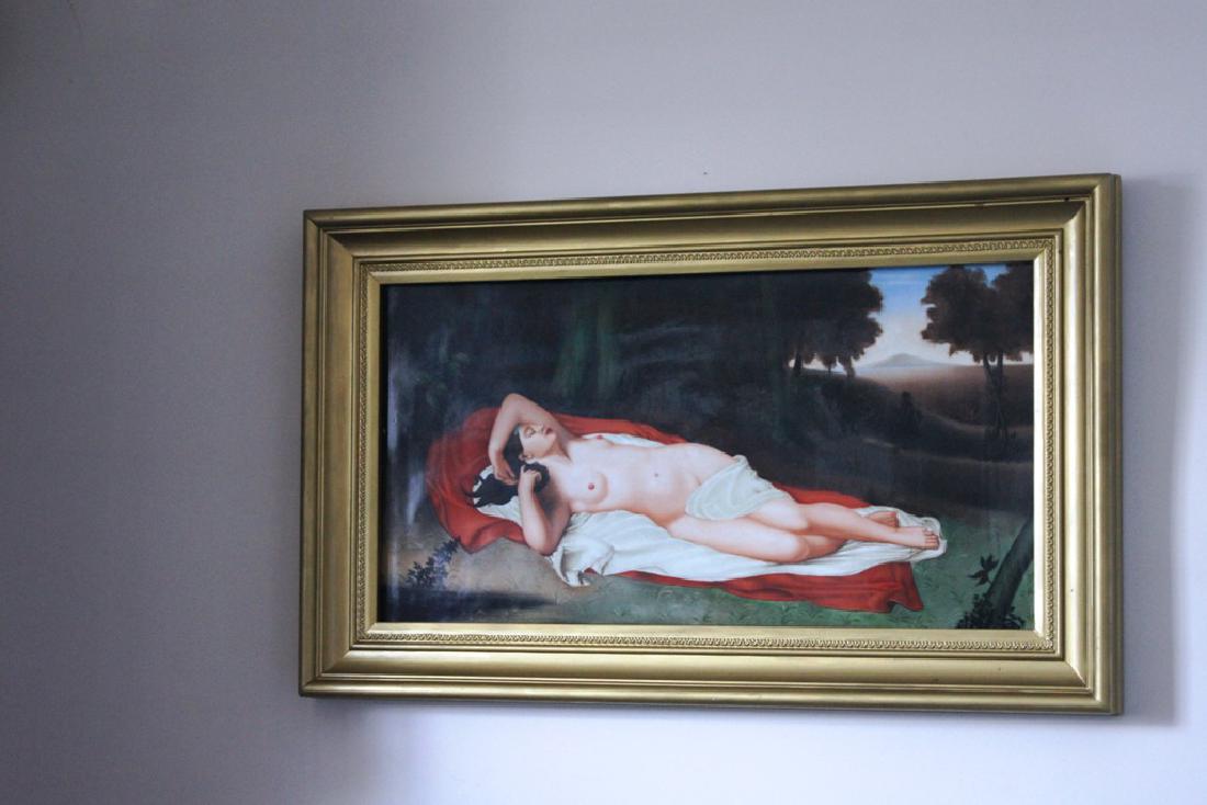 Large painting on porcelain wall "Reclining Nude on Red: Large painting on porcelain wall "Reclining Nude on Red and White Blanket" plaque gilt rectangular frame