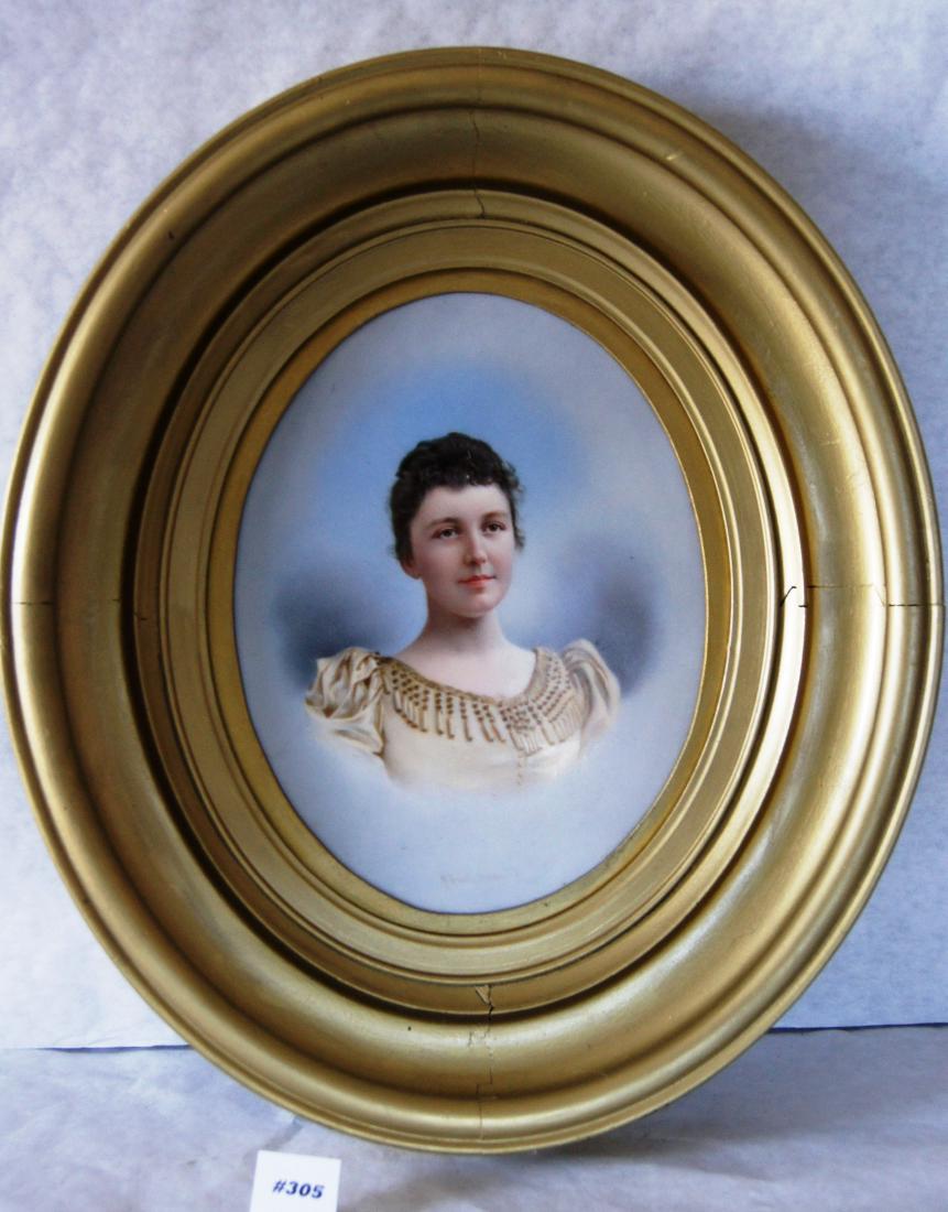 Framed porcelain KPM portrait plaque of M. Krantz,: Framed porcelain oval portrait plaque of M. Krantz, Dresden, Woman in Beige dress with brown short curly hair, plaque measure 12"x15", frame measures 8"x10", incised on rear of plaque KPM with torch m
