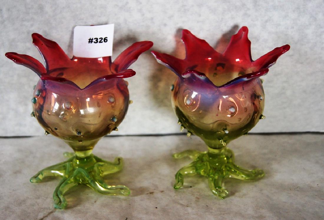 Pair of Victorian art glass floriform hobnail vases.,: Pair of Victorian art glass floriform hobnail vases., with alexandrite amethyst rim fading to green base hobnail with 5 petals and 5 root Vaseline base, all in excellent condition, 5"ht