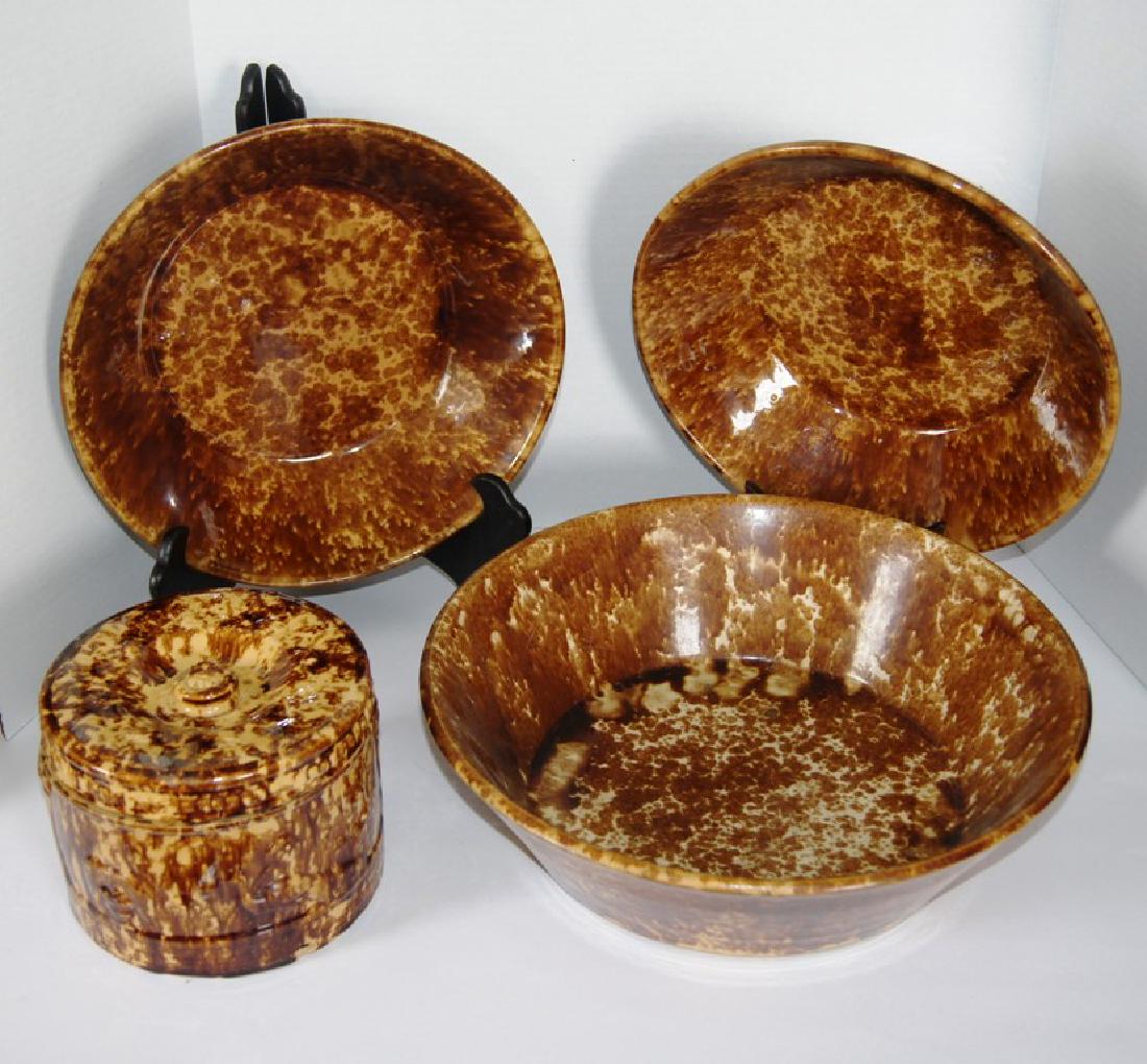 Lot of 4 pcs Rockingham Brown pottery, incl a butter: Lot of 4 pcs Rockingham pootery Brownware, incl a butter crock with lid, and 3 flared edge mixing or serving bowls from 11", 12" and 13" diameter that kind of stack, seem to be in very good to excelle